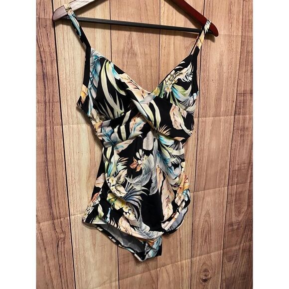 Jantzen 10 One-Piece NWT Black Tropical Swimsuit V-Neck slimming floral - Picture 2 of 9